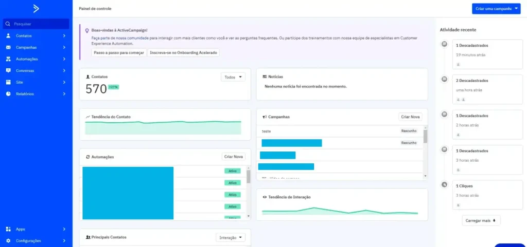 Tela inicial de ActiveCampaign