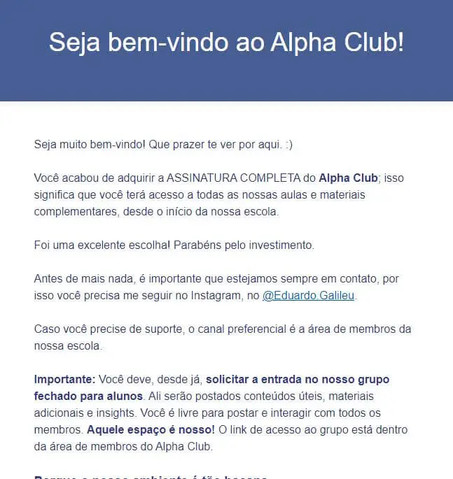 email de boas vindas para clientes Alpha Club